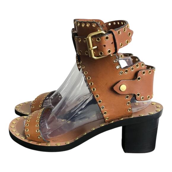 Isabel Marant Jaeryn Grommet Sandals Womens Sz 10 Brn Leather Studded block heel - Picture 2 of 7